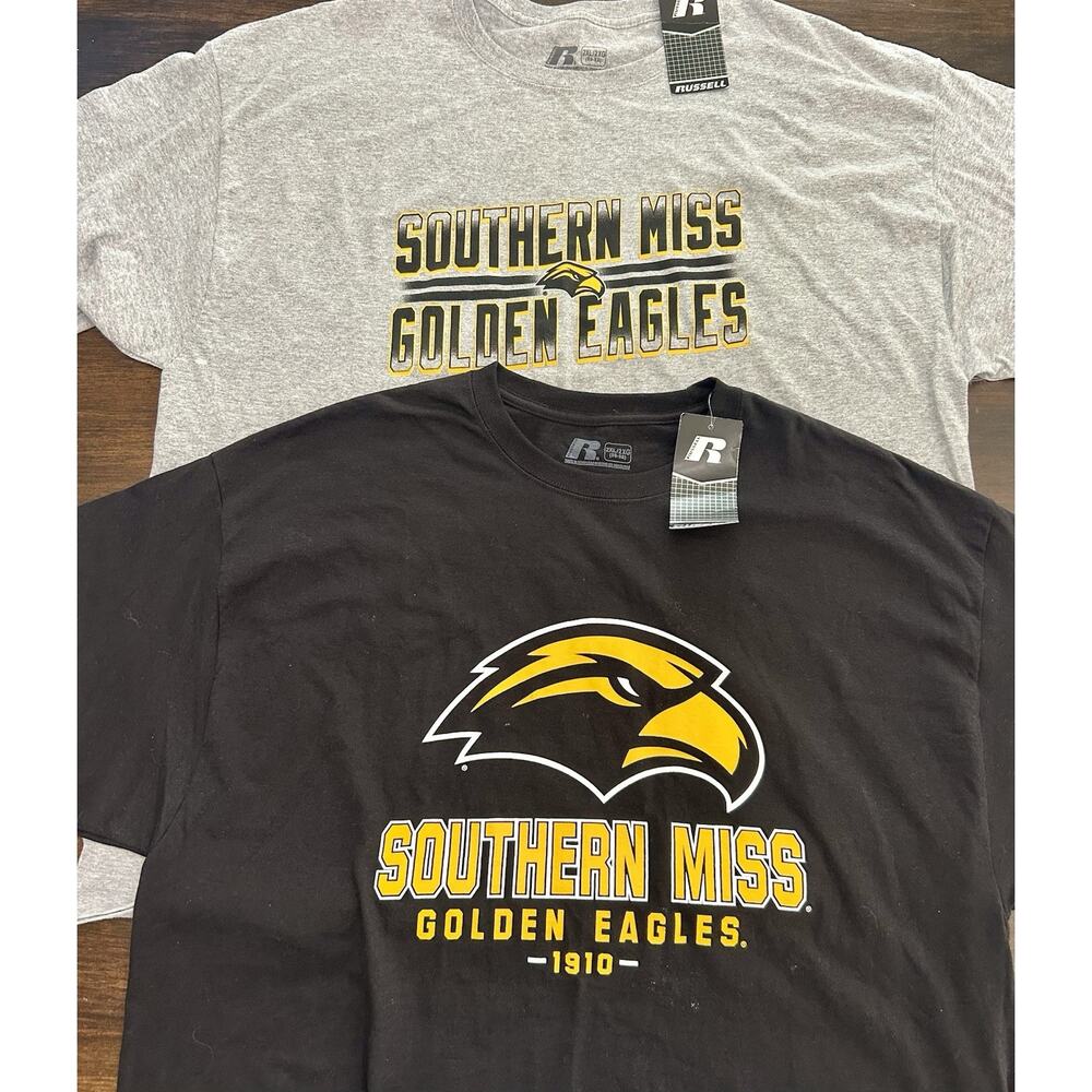 (2) NWT Southern Miss Golden Eagles Shirt Mens XXL Black Gold Russell Football